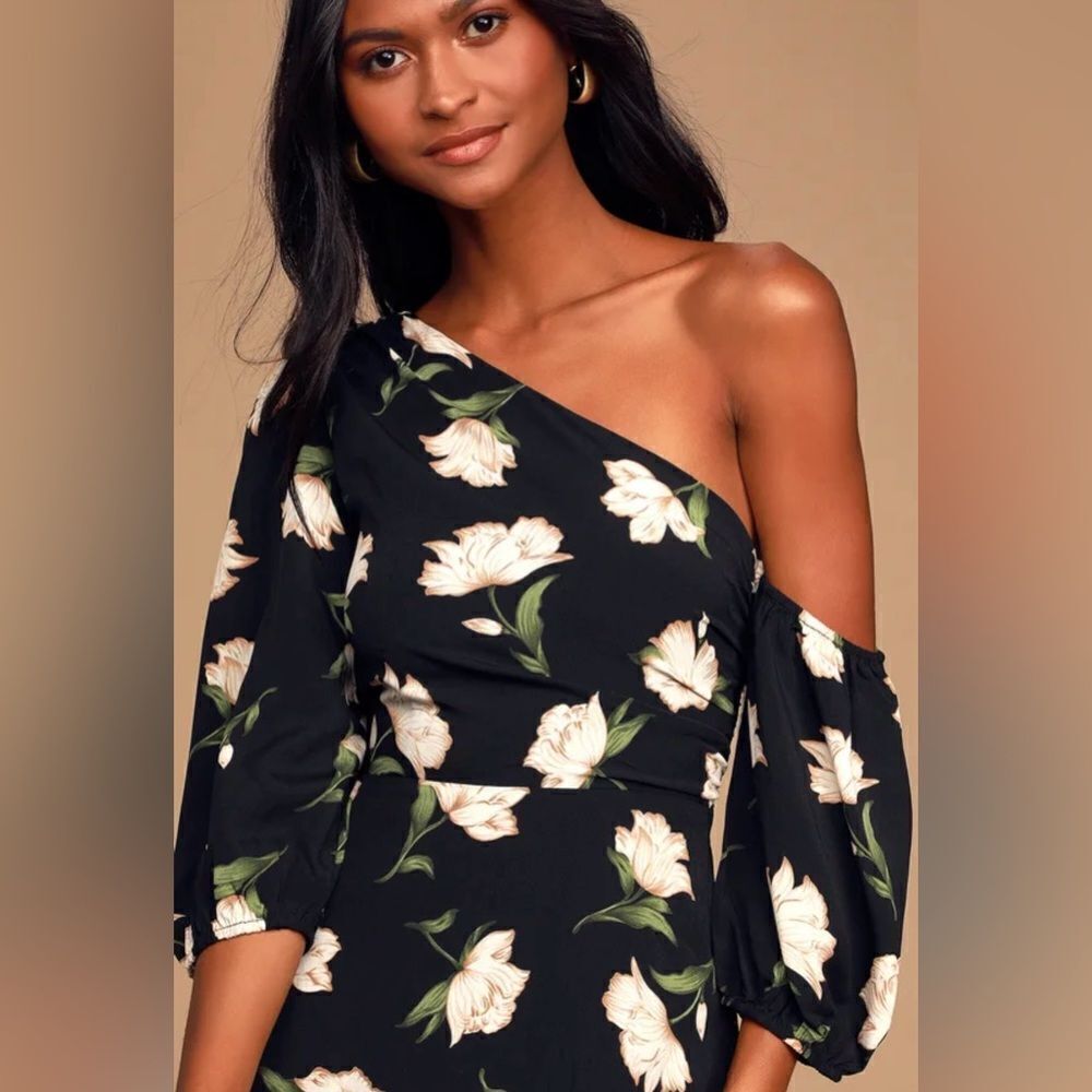 Lulus Florally in Love Black Floral Print Asymmetrical Midi
Dress - Picture 3 of 5
